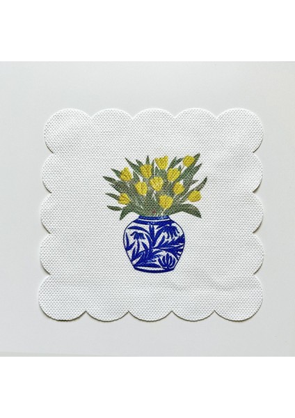 Sarı Lale Vazo Desenli Kumaş Kokteyl Peçetesi Yıkanabilir Lazer Kesimli