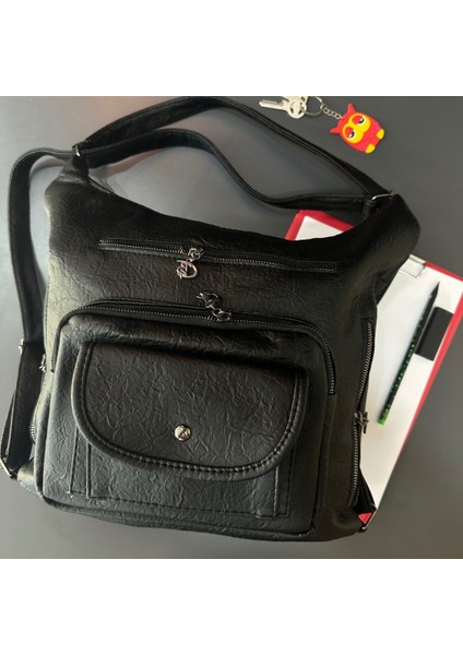 Siyah Kadın Yumuşak Dokulu Cepli Askılı Omuz El ve Sırt Çantası modelleri