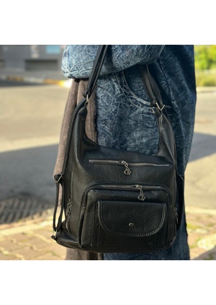 Siyah Kadın Yumuşak Dokulu Cepli Askılı Omuz El ve Sırt Çantası