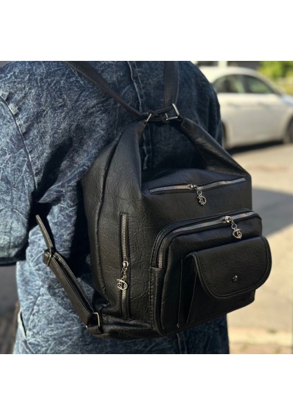 Siyah Kadın Yumuşak Dokulu Cepli Askılı Omuz El ve Sırt Çantası fiyatları