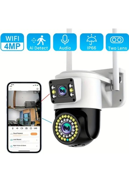 Çift Lens Wifi Kamera Ptz Aı Insan Algılama Monitörü Açık Renk Gece Görüşü  Gözetim Kameraları 4mp