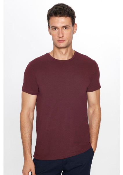 Erkek Slim Fit Dar Kesim Pamuklu Yumuşak Dokulu Esnek Kumaş Düz Basic Bordo Bisiklet Yaka T-Shirt