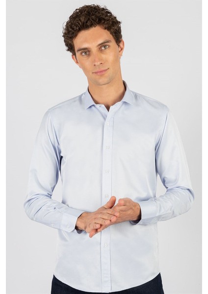 Modern Slim Fit Uzun Kollu Düz Saten Pamuklu Erkek Mavi Gömlek