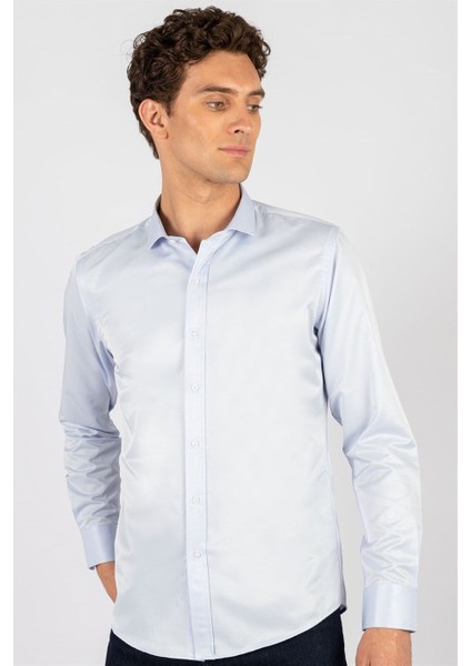 Modern Slim Fit Uzun Kollu Düz Saten Pamuklu Erkek Mavi Gömlek fiyatları