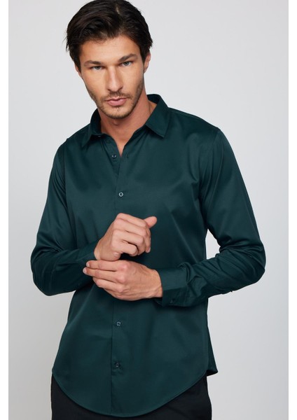 Slim Fit Uzun Kollu Likralı Düz Stretch Yeşil Erkek Gömlek