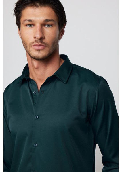 Slim Fit Uzun Kollu Likralı Düz Stretch Yeşil Erkek Gömlek
