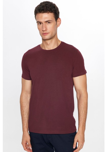 Erkek Slim Fit Dar Kesim Pamuklu Yumuşak Dokulu Esnek Kumaş Düz Basic Bordo Bisiklet Yaka T-Shirt