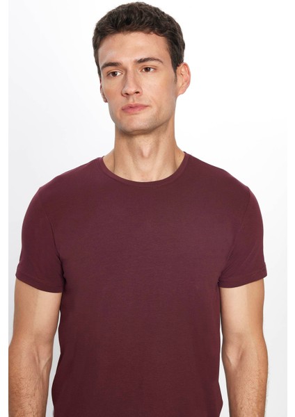 Erkek Slim Fit Dar Kesim Pamuklu Yumuşak Dokulu Esnek Kumaş Düz Basic Bordo Bisiklet Yaka T-Shirt