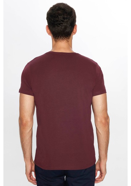 Erkek Slim Fit Dar Kesim Pamuklu Yumuşak Dokulu Esnek Kumaş Düz Basic Bordo Bisiklet Yaka T-Shirt