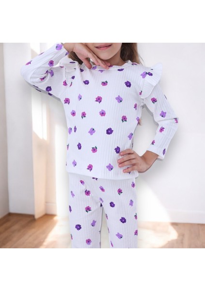 Yeni Sezon Kız Çocuk Fitilli Alt Üst Ekru Üzeri Mor Çiçek Desenli Pijama Takımı Uzun