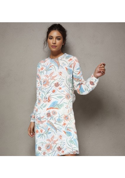 Pamuklu Desenli Ince Nefes Alır Kırık Beyaz Yazlık Hafif Tunik