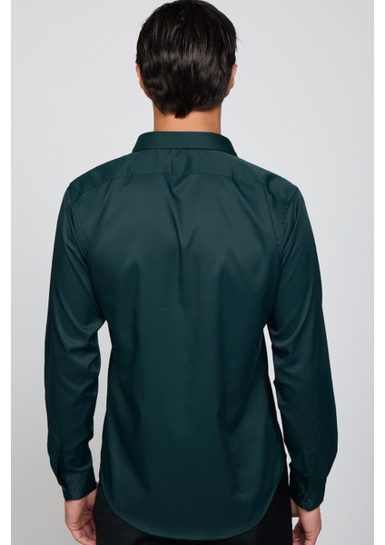 Slim Fit Uzun Kollu Likralı Düz Stretch Yeşil Erkek Gömlek