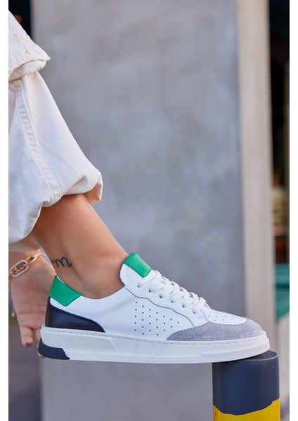 Marsel Beyaz Yeşil Deri Kadın Sneaker