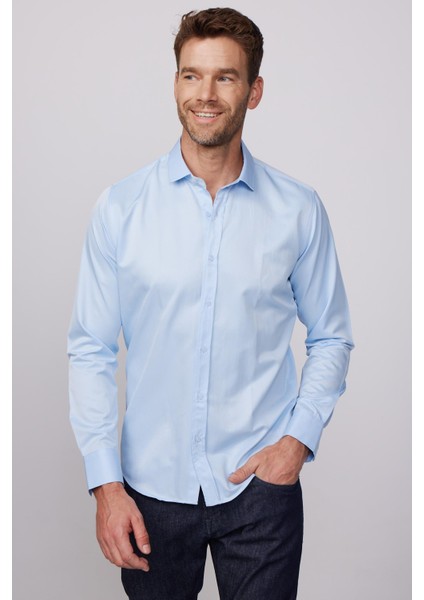Modern Slim Fit Uzun Kollu Düz Saten Pamuklu Erkek Mavi Gömlek