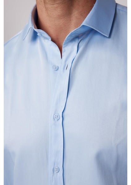 Modern Slim Fit Uzun Kollu Düz Saten Pamuklu Erkek Mavi Gömlek fırsatları