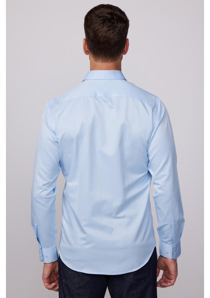Modern Slim Fit Uzun Kollu Düz Saten Pamuklu Erkek Mavi Gömlek indirimleri