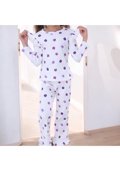 Lolli Boom Kids  Yeni Sezon Kız Çocuk Fitilli Alt Üst Ekru Üzeri Mor Çiçek Desenli Pijama Takımı Uzun