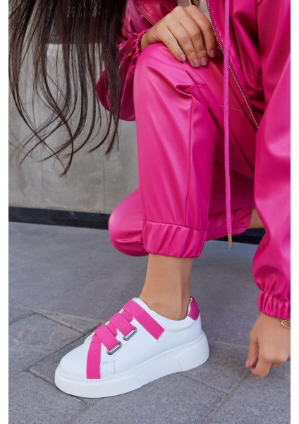 Patty Beyaz Deri Pembe Lastikli Kadın Sneaker