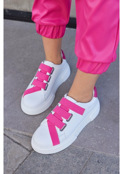 Patty Beyaz Deri Pembe Lastikli Kadın Sneaker