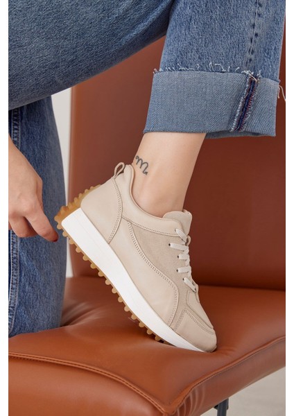 Sara Bej Deri Bağcıklı Kadın Sneaker