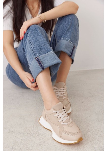Sara Bej Deri Bağcıklı Kadın Sneaker