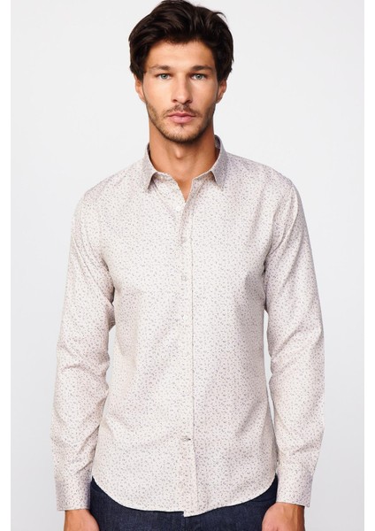 Slim Fit Uzun Kollu Dar Kesim Desenli Pamuklu Kolay Ütülenebilir Bej Erkek Gömlek modelleri