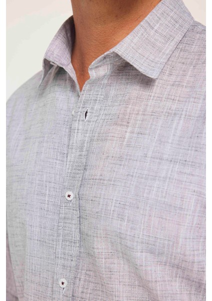Erkek Slim Fit Dar Kesim Uzun Kollu %100 Pamuk Keten Doku Apoletli Lacivert Gömlek
