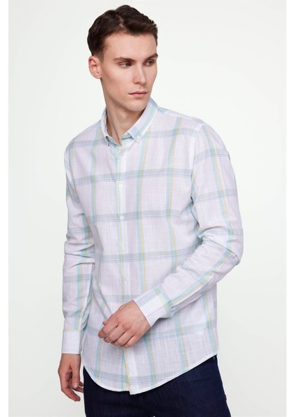 Erkek Slim Fit Dar Kesim Uzun Kollu %100 Pamuk Keten Doku Kareli Düğmeli Yaka Beyaz Gömlek