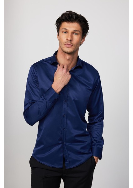 Modern Slim Fit Uzun Kollu Düz Saten Pamuklu Lacivert Erkek Gömlek
