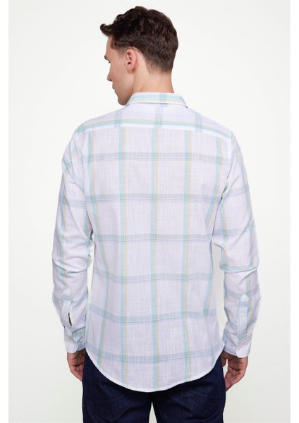 Erkek Slim Fit Dar Kesim Uzun Kollu %100 Pamuk Keten Doku Kareli Düğmeli Yaka Beyaz Gömlek