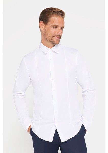 Erkek Slim Fit Dar Kesim Uzun Kollu Pamuklu Düz Beyaz Spor Yaka Gömlek