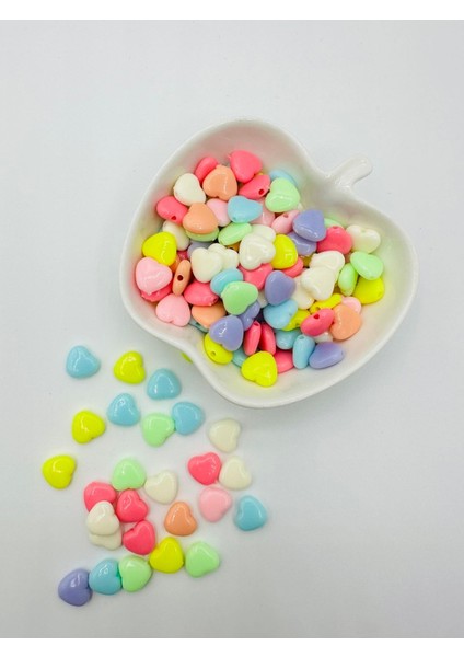 50 Adet Karışık Renkli Kalp Figürlü Plastik Boncuk Takı Yapım