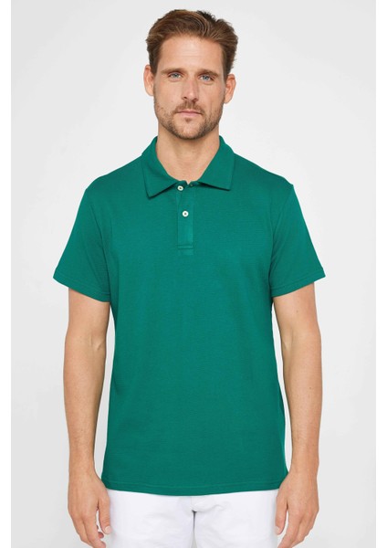 Erkek Slim Fit Dar Kesim %100 Pamuk Desenli Yeşil Polo Yaka T-Shirt