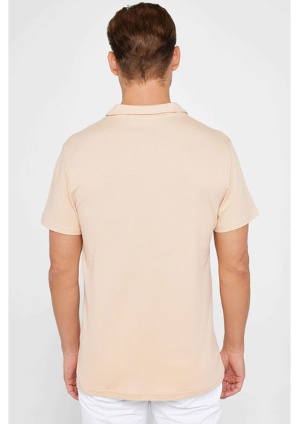 Erkek Slim Fit Dar Kesim %100 Pamuk Desenli Bej Polo Yaka T-Shirt indirimleri