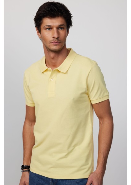 Erkek Slim Fit Dar Kesim %100 Pamuk Düz Pike Sarı Polo Yaka Tişört fırsatları