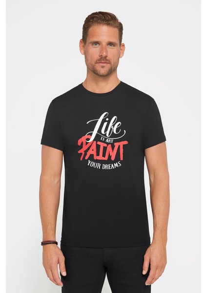 Erkek Slim Fit Dar Kesim %100 Pamuk Yumuşak Dokulu Baskılı Siyah Bisiklet Yaka T-Shirt fiyatları