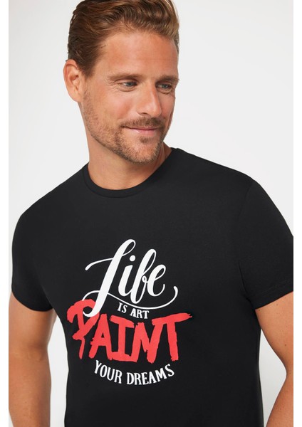 Erkek Slim Fit Dar Kesim %100 Pamuk Yumuşak Dokulu Baskılı Siyah Bisiklet Yaka T-Shirt modelleri
