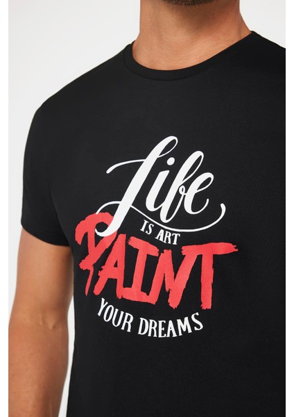Erkek Slim Fit Dar Kesim %100 Pamuk Yumuşak Dokulu Baskılı Siyah Bisiklet Yaka T-Shirt fırsatları
