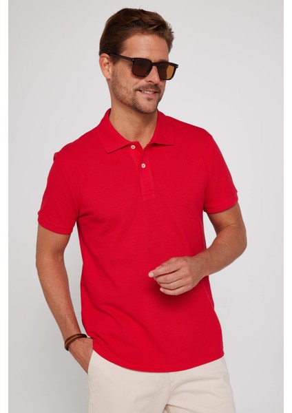 Erkek Slim Fit Dar Kesim %100 Pamuk Düz Pike Kırmızı Polo Yaka Tişört