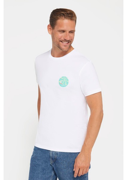 Erkek Slim Fit Dar Kesim %100 Pamuk Yumuşak Dokulu Baskılı Beyaz Bisiklet Yaka T-Shirt