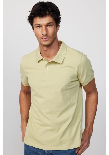 Erkek Slim Fit Dar Kesim %100 Pamuk Düz Pike Yeşil Polo Yaka T-Shirt