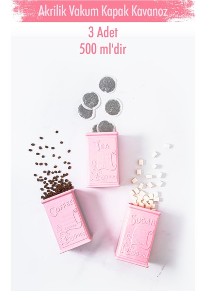 Akrilik Soft Pembe Şeker Kahve Çay Kavanozu 500 ml (Vakum Kapak )