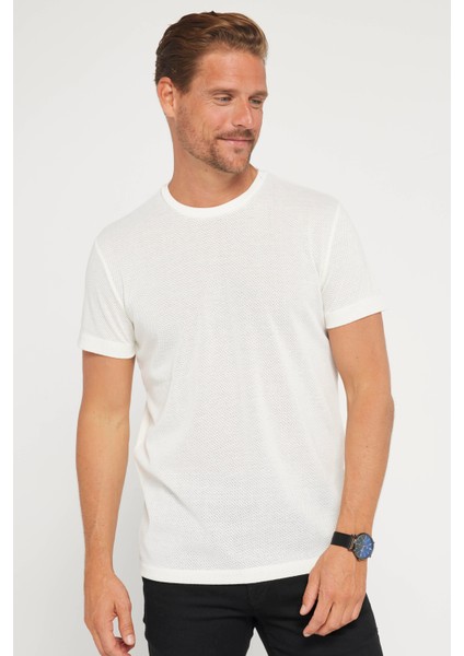 Erkek Slim Fit Dar Kesim Esnek Kumaş Örme Bisiklet Yaka Beyaz T-Shirt