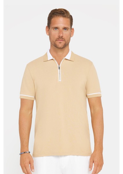 Erkek Slim Fit Dar Kesim %100 Pamuk Düz Pike Fermuarlı Kum Rengi Polo Yaka T-Shirt modelleri