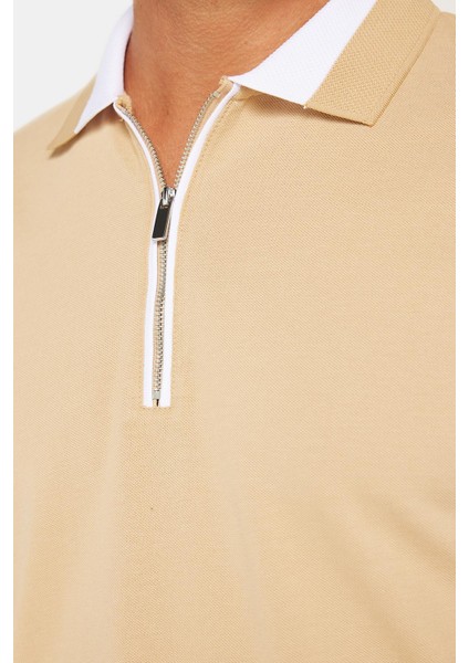 Erkek Slim Fit Dar Kesim %100 Pamuk Düz Pike Fermuarlı Kum Rengi Polo Yaka T-Shirt fırsatları