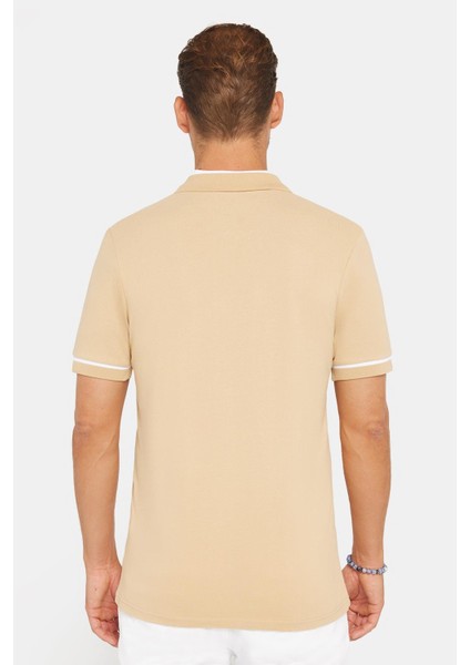 Erkek Slim Fit Dar Kesim %100 Pamuk Düz Pike Fermuarlı Kum Rengi Polo Yaka T-Shirt indirimleri