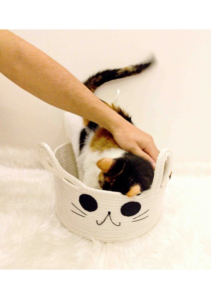 Kedi Sepeti Büyük Boy Kedi Yatağı Kedi Evi Yıkanabilir Kaliteli Kordon Ip 30 cm Kırık Beyaz