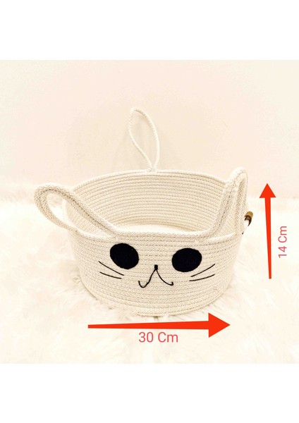 Kedi Sepeti Büyük Boy Kedi Yatağı Kedi Evi Yıkanabilir Kaliteli Kordon Ip 30 cm Kırık Beyaz