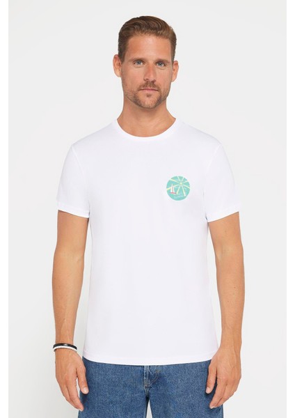 Erkek Slim Fit Dar Kesim %100 Pamuk Yumuşak Dokulu Baskılı Beyaz Bisiklet Yaka T-Shirt fiyatları