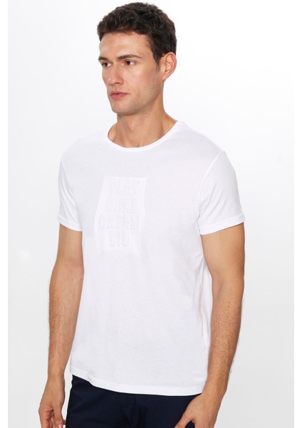 Erkek Slim Fit Dar Kesim %100 Pamuk Yumuşak Dokulu Baskılı Beyaz Bisiklet Yaka T-Shirt fiyatları